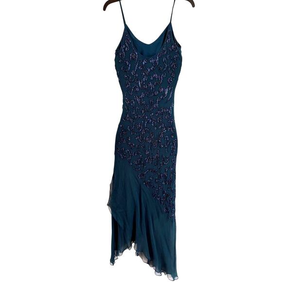 Vintage Cache Slip Dress sz 2 Teal Beaded Silk Cocktail Asymmetrical Whimsigoth - Picture 4 of 8